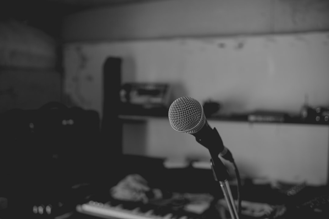 Close-up of professional microphone with studio background